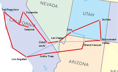 Itinerář cesty po západu USA