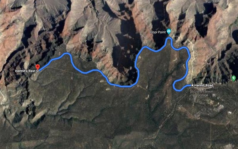 Mapa Hermit Road v Grand Canyonu