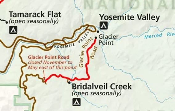 Uzavření silnice na Glacier Point v Yosemitském národním parku