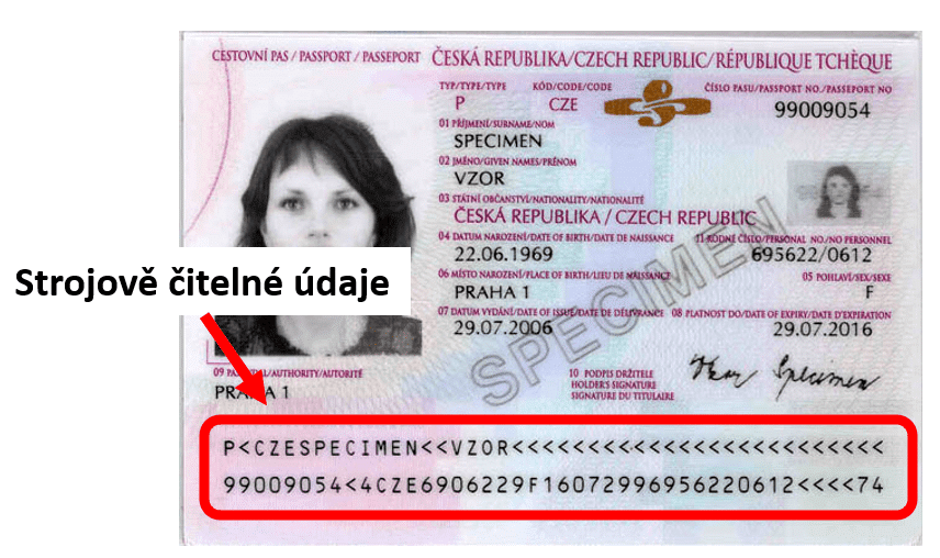 Při vyplňování registrace ESTA použijte strojově čitelnou část pasu